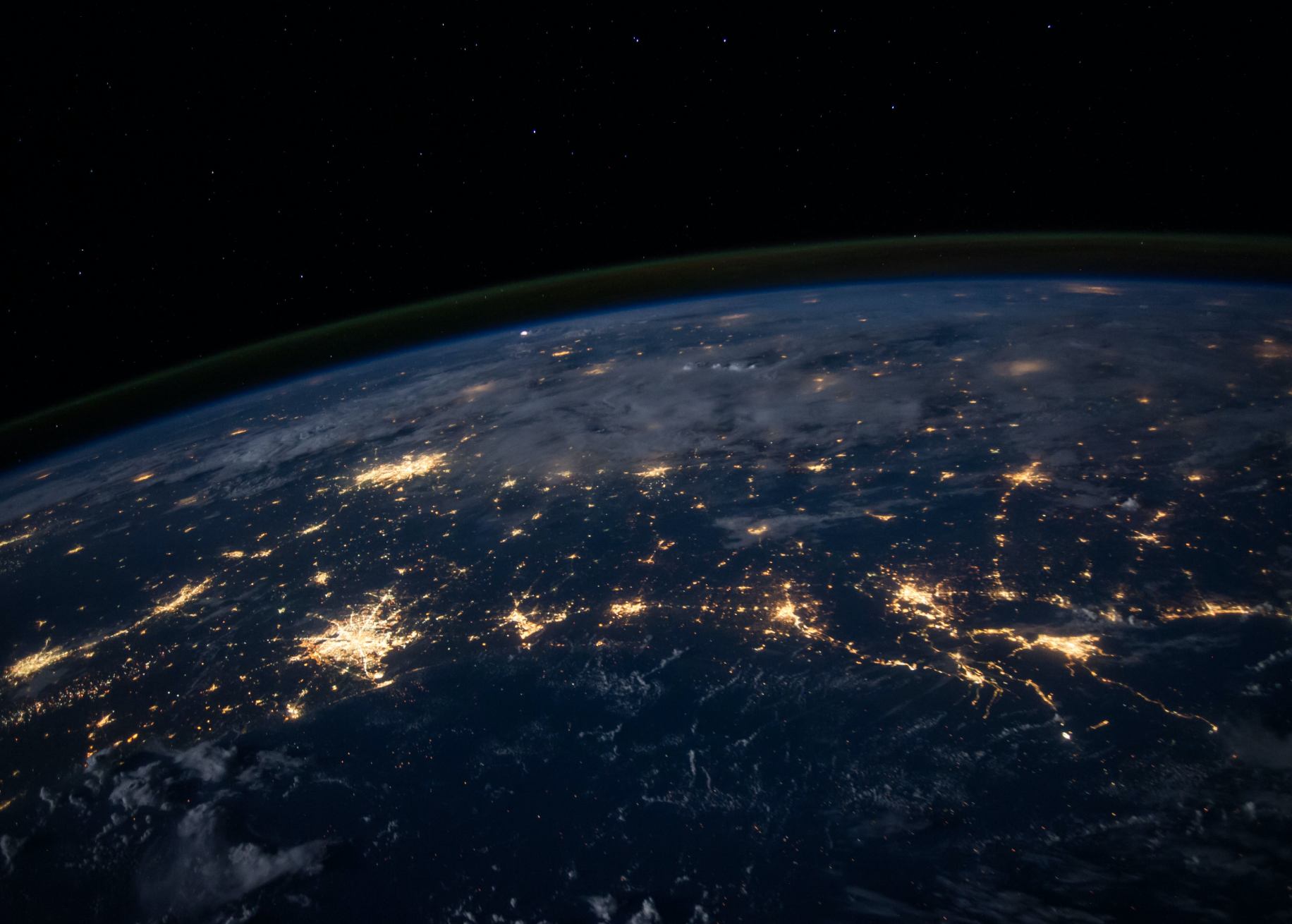 NASA photo of Earth from space at night. Shows city lights